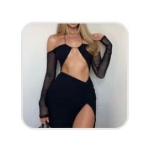 White Fox Boutique Black Cut-Out Mini Dress with Sheer Sleeves